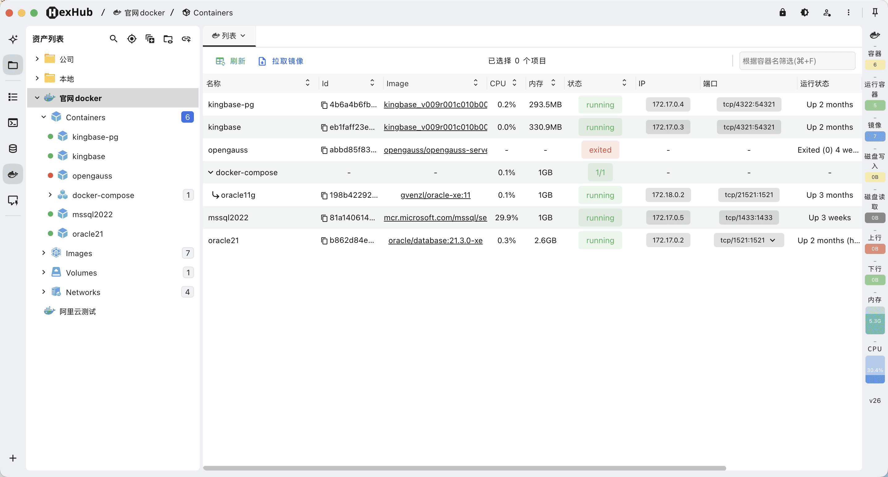 Docker 工作区中的容器总览面板，可以集中查看容器状态、镜像和端口信息。